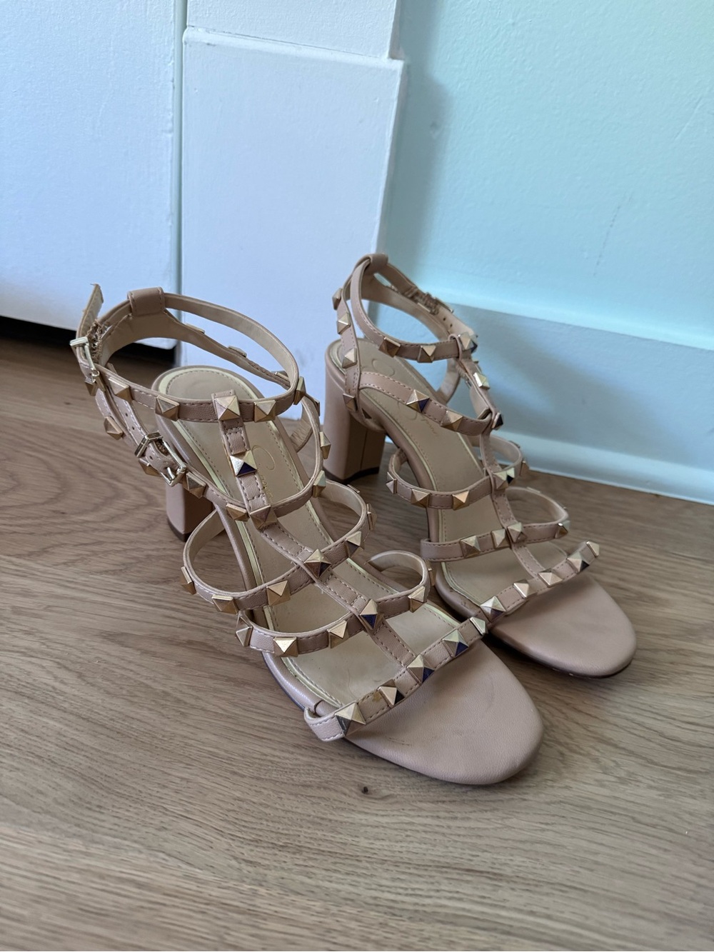 Jessica Simpson Nude Studded Strappy Block Heel Sandals